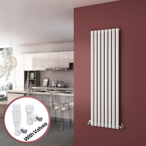 ELEGANT Vertical Column Designer Radiator White Oval Single Panel Rad 1600 x 472mm + White Thermostatic Radiator Valves (1/5)