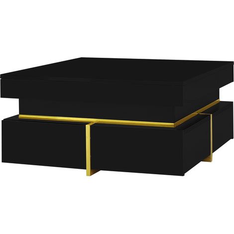 Gold Accent High-Gloss Coffee Table with Drawers - Modern Living Room Side Table, Glossy Surface & Storage, Black (1/5)