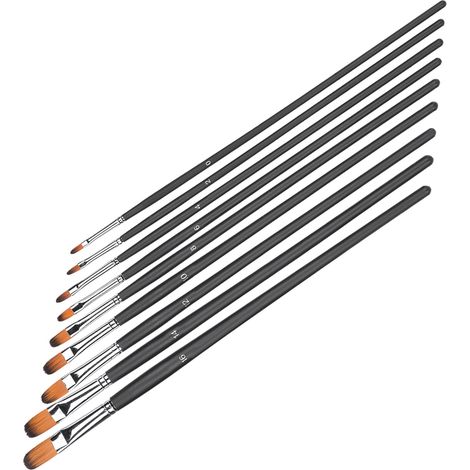 Set mit 9 langstieligen schwarzen Nylonpinseln für Gouache-, Aquarell-, Öl- und Acrylmalerei. (1/5)