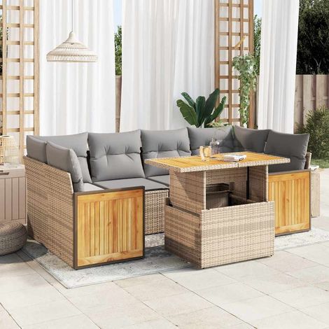 Salon de jardin avec coussins 7 pcs beige résine tressée acacia (1/5)