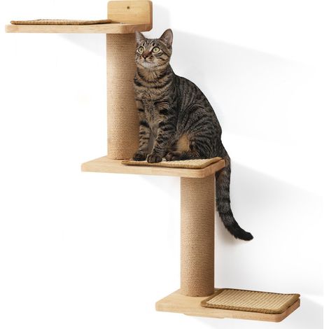 Arbre à chat mural 3-en-1 avec poteau à griffer et plateformes, structure modulable en bois massif et sisal pour intérieur (1/5)