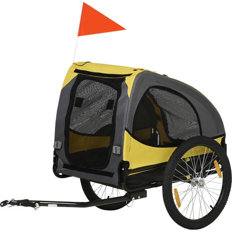 Remorque vélo chien 140x71x83 cm jaune – fenêtres mesh, réflecteurs, drapeau sécurité (1/5)