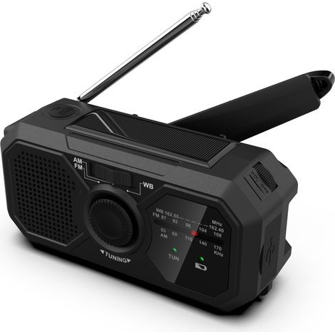 Radio portable manivelle solaire AM/FM – 1200Ah rechargeable – Lampe de poche LED – Alarme SOS – Idéale pour urgences extérieures (1/3)