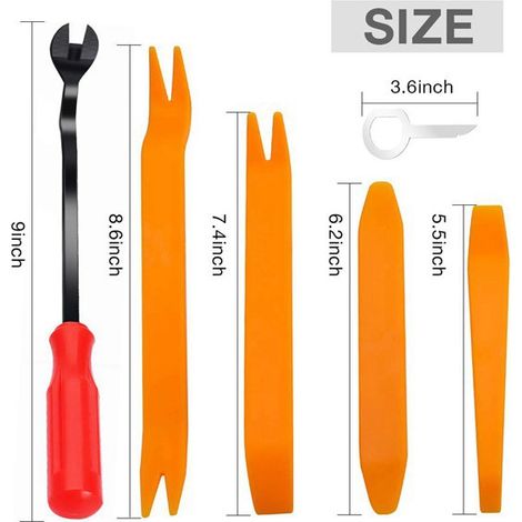 A set of 9 tool kits for cutting and removing plastic car door panel fasteners in orange, red, black, and silver. (1/5)