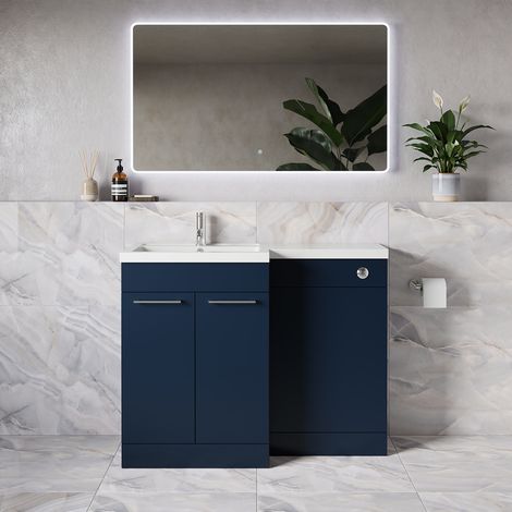 Napoli 390 Deep Blue 1100mm 2 Door Vanity Unit Toilet Suite with Square Left Hand Lucia Basin - 1100mm - Chrome 160mm HandleWithout Kingston Toilet Pan