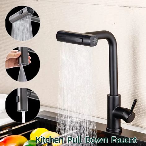 Robinet de cuisine extractible (Noir-G1/2), mitigeur flexible pour évier de cuisine avec eau chaude et froide, montage sur plage et mode douchette. (1/5)