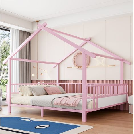 Letto per bambini 215x146x168.5 cm, design a casetta con sponde di sicurezza, struttura in metallo rosa (1/5)