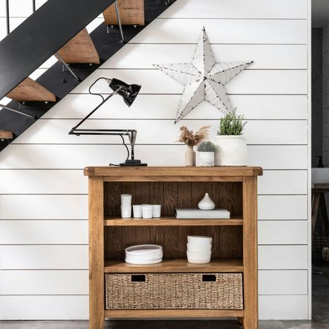 Bibliothèque basse en chêne avec panier de rangement VALMONT (1/4)