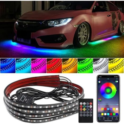 [NON UTILIZZATO] Kit luci auto underglow da 4 pezzi, strisce luminose a LED RGB impermeabili per interni auto con modalità musica, illuminazione ambientale esterna per auto, supporto app Bluetooth e t