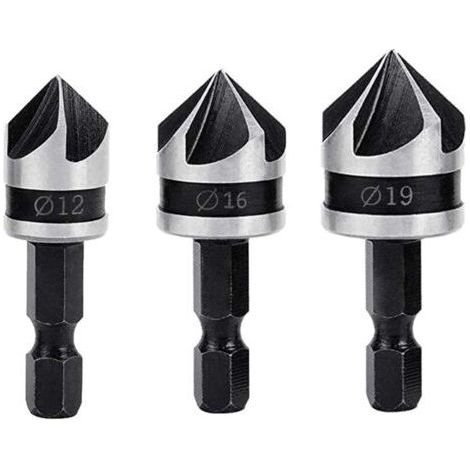 FENOPLASTICA3PCS Fraises à Chanfreiner 90 Degrés 5 Flûte Conique à Noyer 12mm/16mm/19mm 1/4\ (1/5)