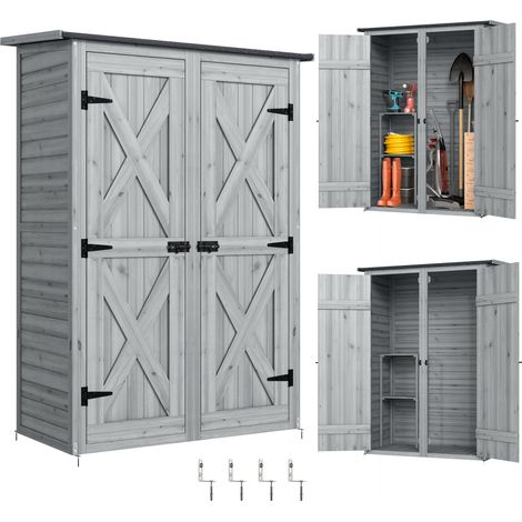 Outsunny caseta de jardín de madera 115x53x156 cm, armario exterior para herramientas con puertas dobles con pestillo, 2 estantes, gris (1/5)