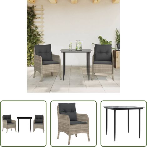 Gartentisch - 3-tlg. Garten-Essgruppe mit Kissen Hellgrau Poly Rattan (1/5)