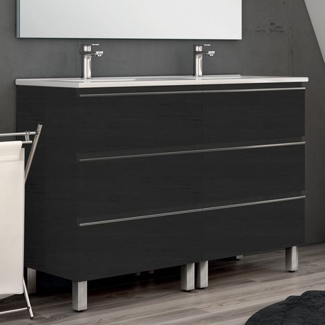 Meuble de salle de bain 120cm double vasque - 6 tiroirs - sans miroir - ebony (bois noir) - PALMA (1/3)