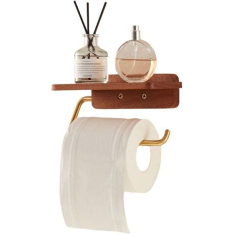 Toilet Paper Holder with Wood Shelf Wall Mount Tissue Paper Roll Holder with Phone Shelf Wood Floating Shelves Bathroom Accessories (1/4)