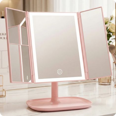 Espejo plegable rosa estilo Hollywood para maquillaje, 22x17cm, LED (1/3)