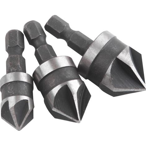 Un foret à tête fraisée, un tranchant, diamètre 12, 16, 19 mm, acier, queue hexagonale, angle de 45°.