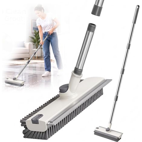 Brosse à récurer avec manche 3 en 1 avec long manche - Poils durs à 360° - Brosse à gratter et pince à retirer les poils - Brosse de sol pour terrasse, cuisine, baignoire, carrelage, salle de bain (1/5)