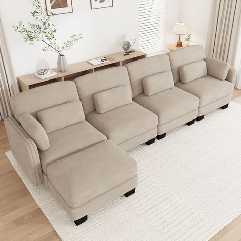 Canapé d'angle modulable - 4 places - forme l - 1 ottoman - coussins d'accoudoirs - tissu chenille - mobilier de salon - brun clair (1/5)