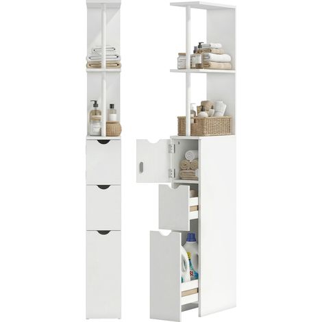 Meuble colonne salle de bain armoire de salle de bain avec tiroirs étagères ouvertes placard 15 x 33 x 136,8 cm blanc (1/5)
