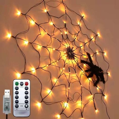 Décorations d'Halloween - Toile d'araignée, 1 mètre, 70 LED, 8 modes, étanche, avec 1 araignée noire - pour fêtes, jardins, décorations d'Halloween (1/5)