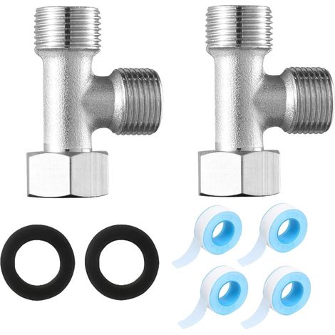 Lot de 2 valves de raccordement à 3 voies pour WC 3/8 T - Raccord d'eau - Valve d'inversion - Répartiteur - Écrou de raccordement de 3/8" - Pour réservoir de WC, robinet de douche (1/5)