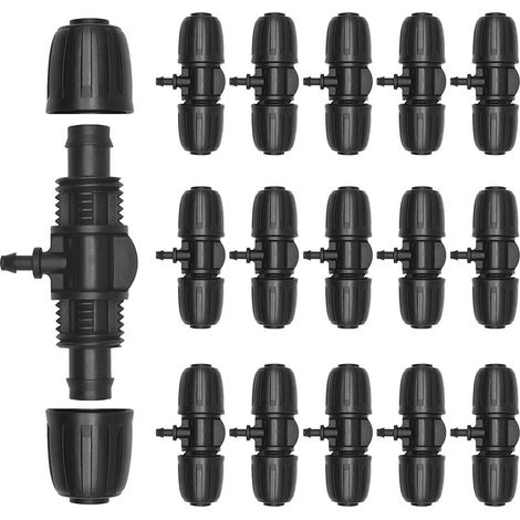 Lot de raccords en T Barbed Tee 1/2" et 1/4" Micro Drip - Diviseur d'eau durable - Connecteur d'arrosage 3 voies - Pour tuyau d'arrosage de jardin - Tuyau en polyéthylène (1/5)
