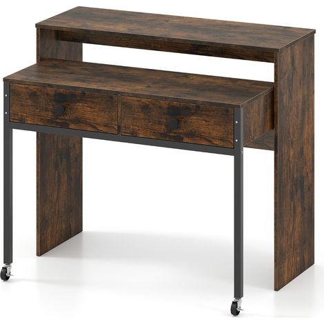 Bureau rétractable 100 x 63 x 88 cm gain de place avec 2 tiroirs et roulettes design rustique en bois manufacturé marron