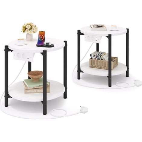 Table d'Appoint Ronde, Bout de Canape avec Multiprise, 2 Prises CA, Port USB et Port Type-C, Petite Table Bois 2 Etages, Table de Chevet, pour Salon, Chambre (Blanc, 2 pièces) (1/5)