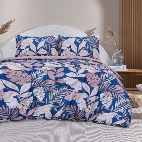 Parure de lit réversible avec Housse de Couette et taie d'oreiller Motif Palmier Tropical Rose pâle Bleu Marine 135 x 200 cm Simple (1/5)