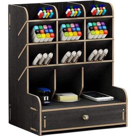 1 pièce Organisateur de bureau en bois, noir, tiroirs intégrés, rangement multifonctionnel, pour domicile et bureau (1/2)