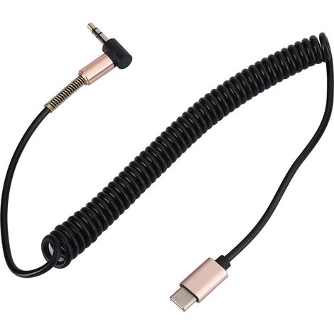câbles audio Type C vers adaptateur mâle 3,5 mm, cordon auxiliaire pour voiture, coude à ressort télescopique noir (noir)