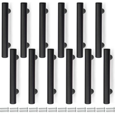 12 Stück 100 mm (64 mm Lochabstand) mattschwarze T-förmige Küchenschrankgriffe, Edelstahl, für Schränke, Schubladen, Kommoden (1/4)