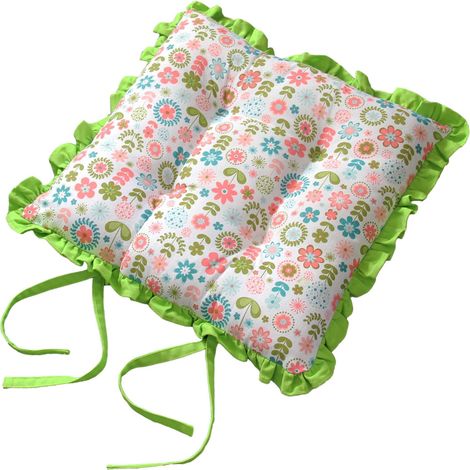 HOMESCAPES Reversible Green Frilled Cushion Seat Pad with Ties Retro Flower
