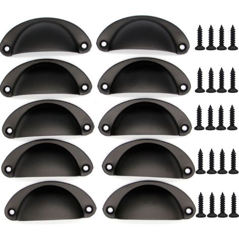 Lot de 10 poignées de coquille rétro en fer noir – Dimensions 82 x 35 mm – Entraxe 66 mm – Inclus 20 vis pour installation facile
