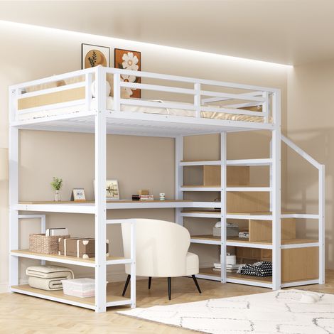 Cama alta 140x200 cm con cajones estantes y mesa Incluye barandilla de seguridad de paneles metálicos metal color blanco(Sin colchón) (1/5)