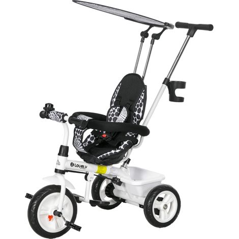Tricycle enfant 6 en 1 avec barre de poussée, capote, harnais, panier, 1-5 ans, blanc
