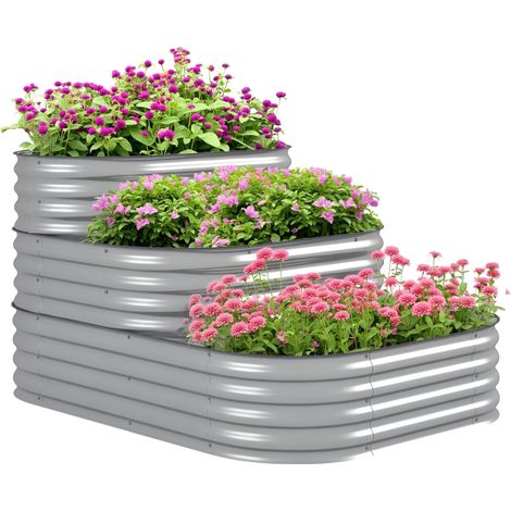Escalier floral extérieur 3 étages en argent, bac à planter surélevé dimensions 158 × 109 × 82 cm pour jardin et balcon (1/5)