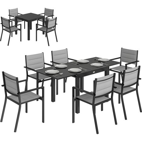 Conjunto de comedor de jardín de 7 piezas: mesa extensible de aluminio, 6 sillas apilables tapizadas en textilene, 90/180 x 80 x 75 cm, gris.