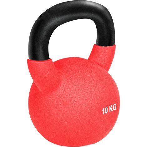 Haltère boule 10 kg métal, poids kettlebell rouge noir, poignée antidérapante, fond plat, entraînement fitness musculation, 19x12x22 cm (1/5)