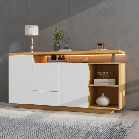 Buffet multifonction 140 cm blanc/bois - 2 portes, 3 tiroirs, 2 compartiments + LED (1/5)