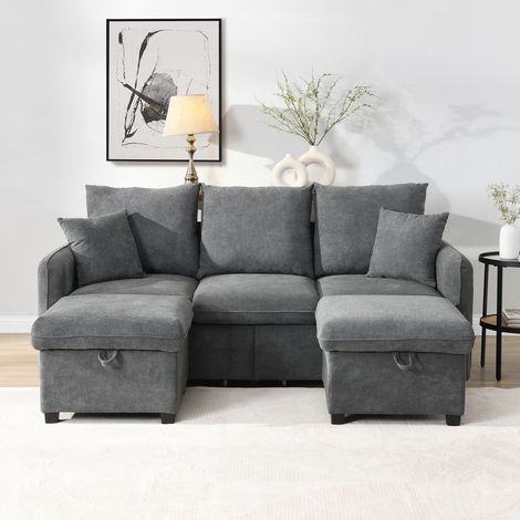 Canapé d’angle modulable en chenille avec tiroirs, coffre de rangement, pouf et fonction lit (1/5)