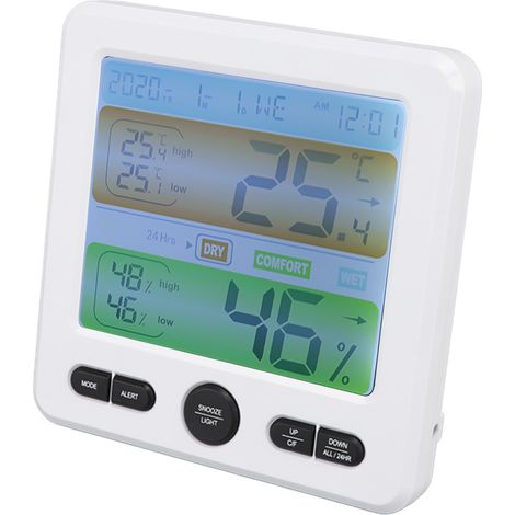 Thermomètre d'intérieur numérique couleur avec alarme, moniteur de température et d'humidité, réveil de chevet blanc (1/5)