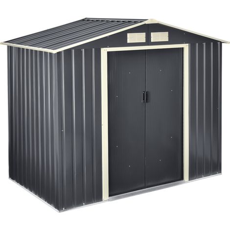 Casetta da Giardino 213x127x185 cm Box Organizzatore Deposito Stoccaggio in Lamiera Zincata con Cornice di Base in Metallo e Porte Scorrevoli - Grigio Scuro (1/5)