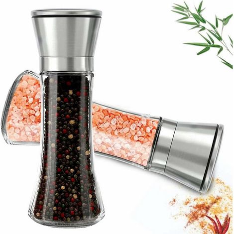Moulin à sel et poivre premium en inox - Ensemble salière poivrière en verre robuste - Broyeur double usage pour gros sel et grains de poivre - Grande contenance 6,7 oz, design élégant et durable (1/5)