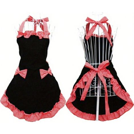Tablier Réglable Style Vintage, avec poche à nœud à carreaux rouge et blanc, en polyester durable - Pour cuisiner, pâtisser, tenue de cuisine, tenue de pâtisserie, Tablier vintage, Noir Rouge (1/4)