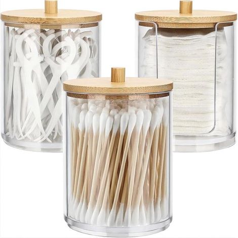 Juego de 3 soportes para bastoncillos de algodón con tapas de bambú: organizador para bastoncillos, discos y bolas de algodón. (1/5)