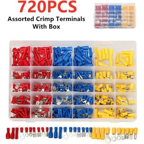 720-teiliges Set elektrischer Klemmen, Kfz-Klimaklemmen, Crimp-Klemmen, runde und flache Buchsen und Stecker, Ösen- und Ringklemmen, zylindrische und andere Crimp-Steckverbinder mit Aufbewahrungsbox (1/5)