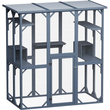 Wiltec Freilaufgehege Katzen 170 x 88 x 180 cm, Katzenfreigehege Holz mit Asphaltdach, Außengehege verschiedene Ebenen, Katzengehege für Garten, Balkon