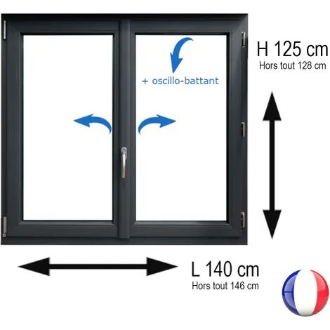Fenêtre PVC 2 vantaux H 125 x L 140 cm OB anthracite pour pose en neuf avec poignée