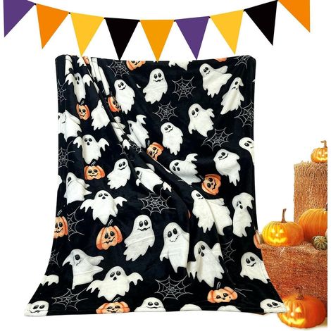 Couverture sur le thème d'Halloween, 130 x 150 cm, en flanelle, pour une ambiance festive garantie. Idéale pour décorer chambres. (1/5)